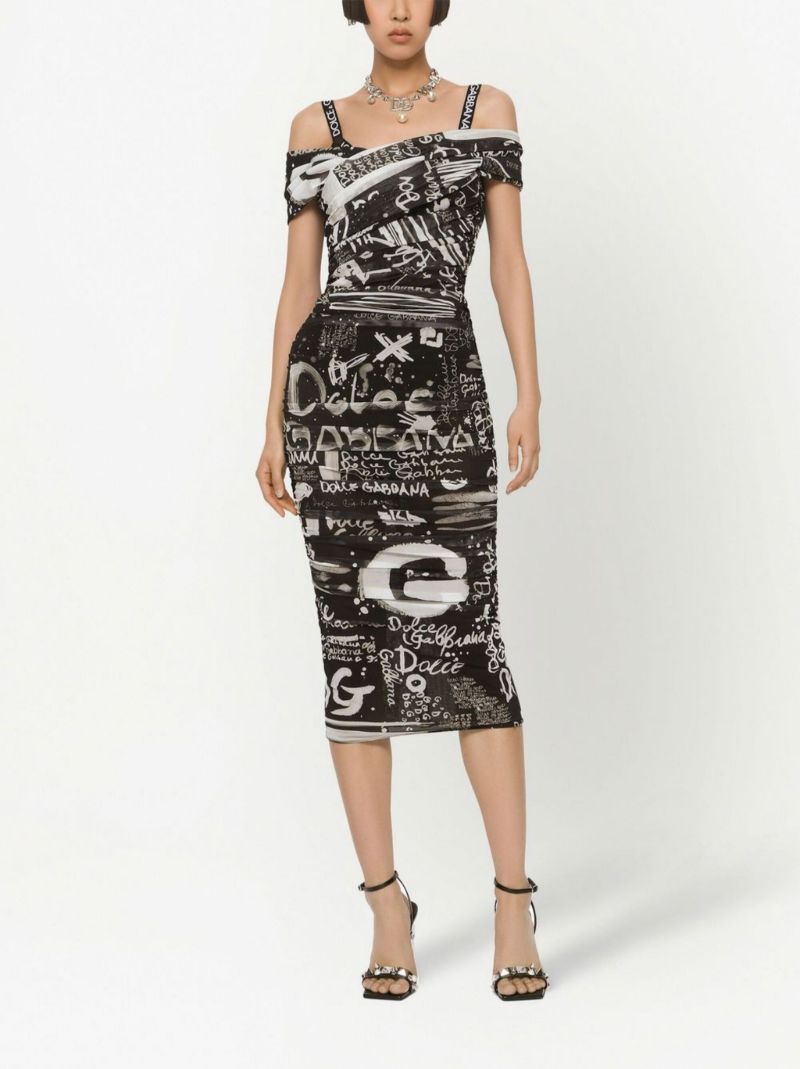 Black Graffiti Print Midi Dress
