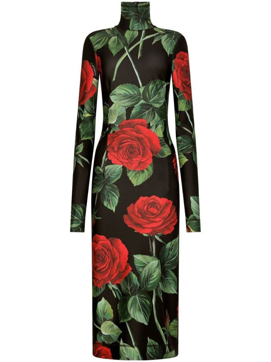 Black Rose Print Turtleneck Midi Dress