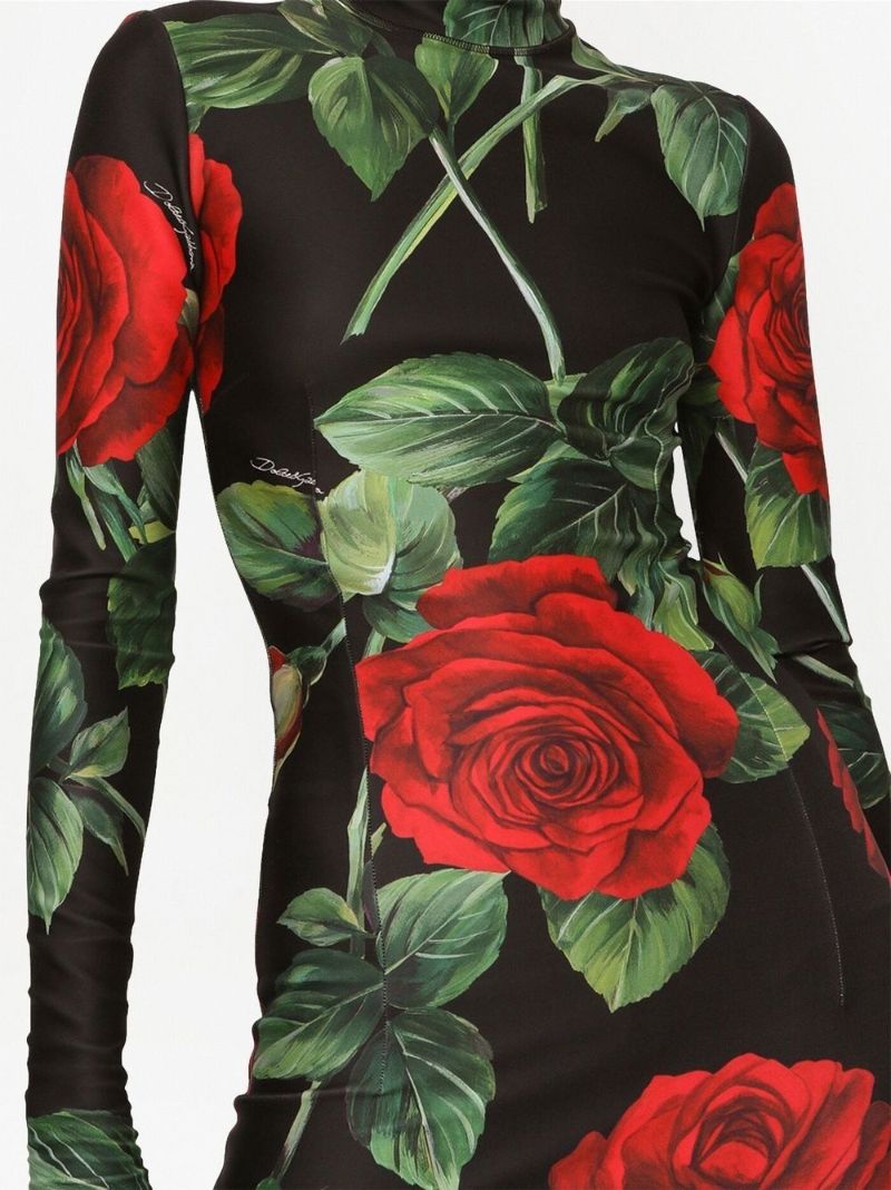 Black Rose Print Turtleneck Midi Dress