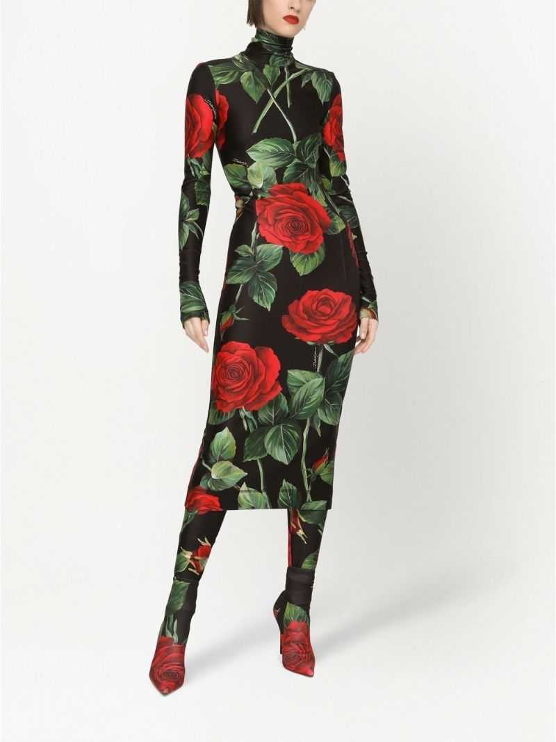 Black Rose Print Turtleneck Midi Dress