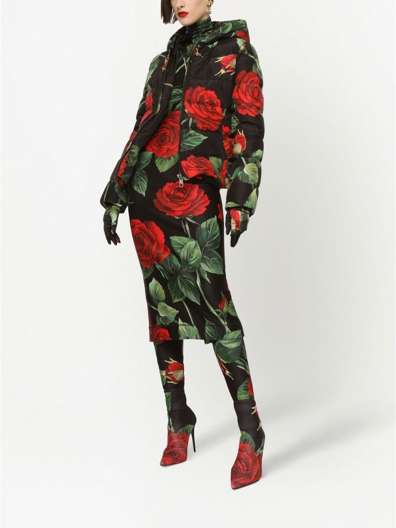 Black Rose Print Turtleneck Midi Dress