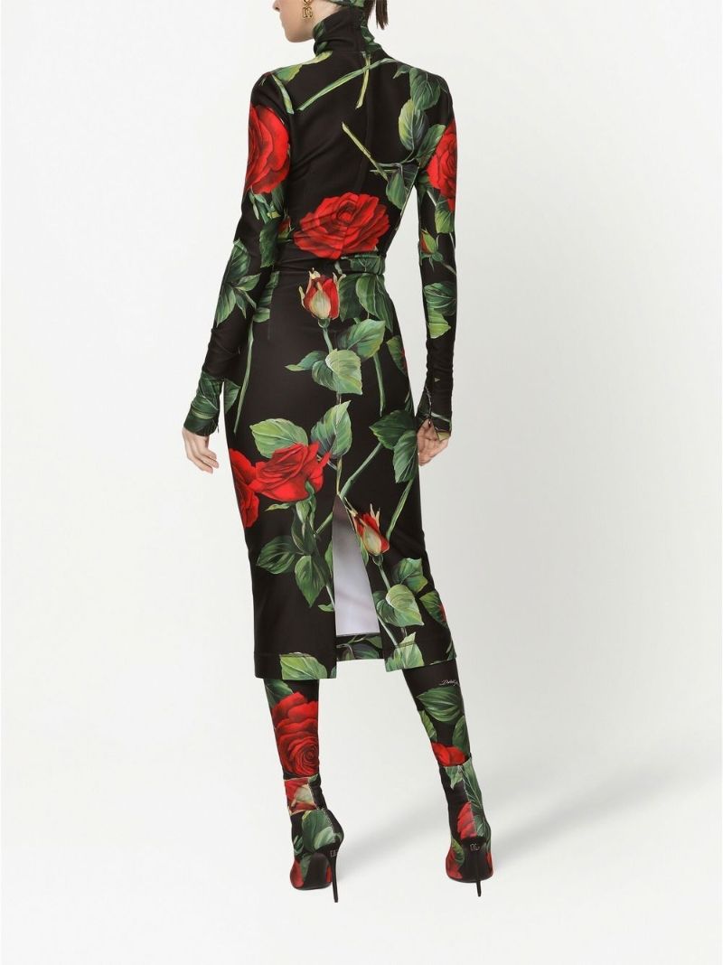 Black Rose Print Turtleneck Midi Dress