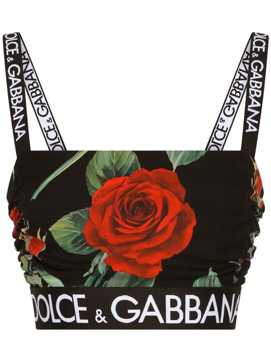 Black Rose Print Silk Crop Top