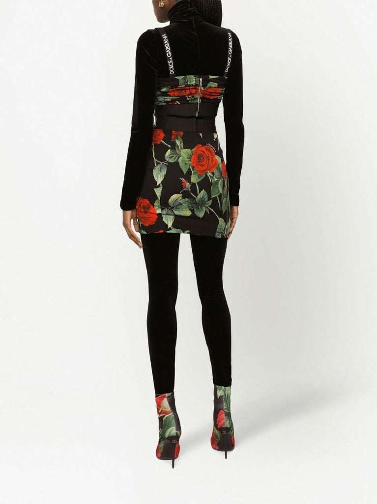 Black Rose Print Silk Crop Top