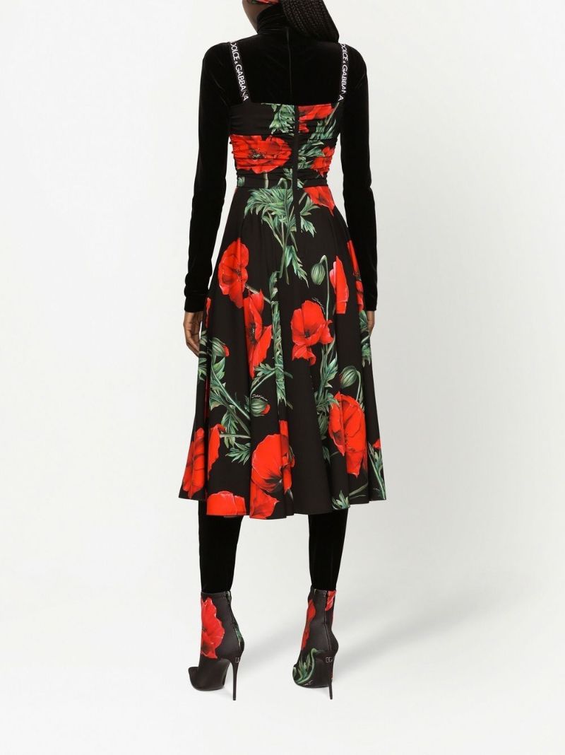 Black Poppy Print Silk Midi Dress