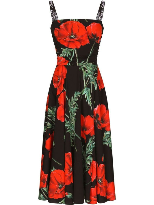 Black Poppy Print Silk Midi Dress