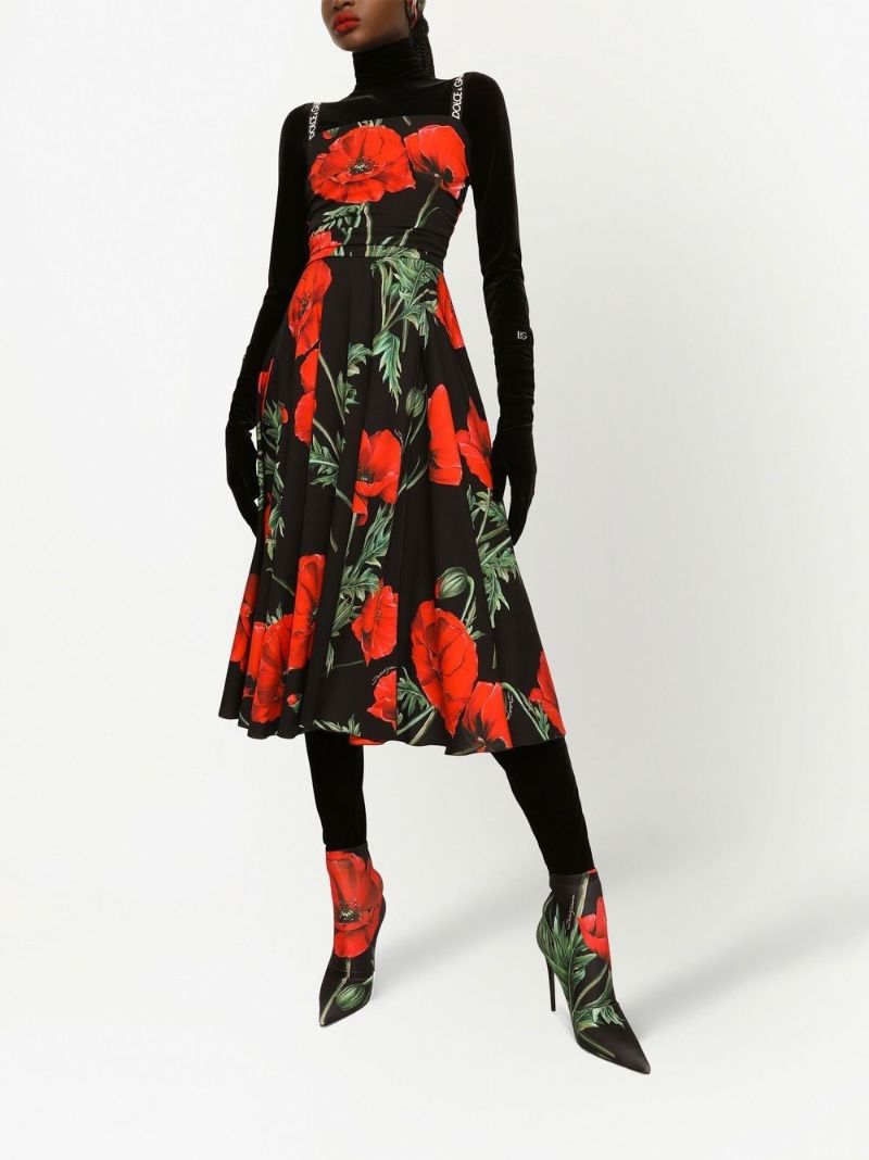 Black Poppy Print Silk Midi Dress