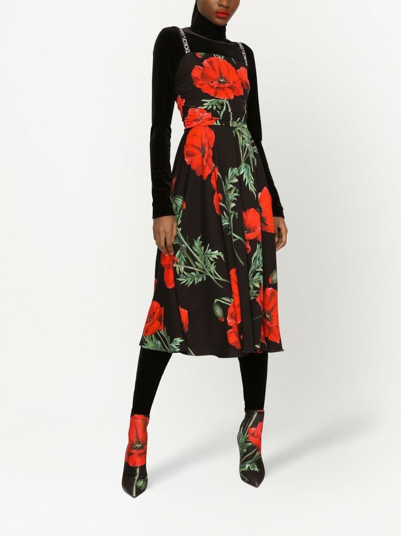 Black Poppy Print Silk Midi Dress
