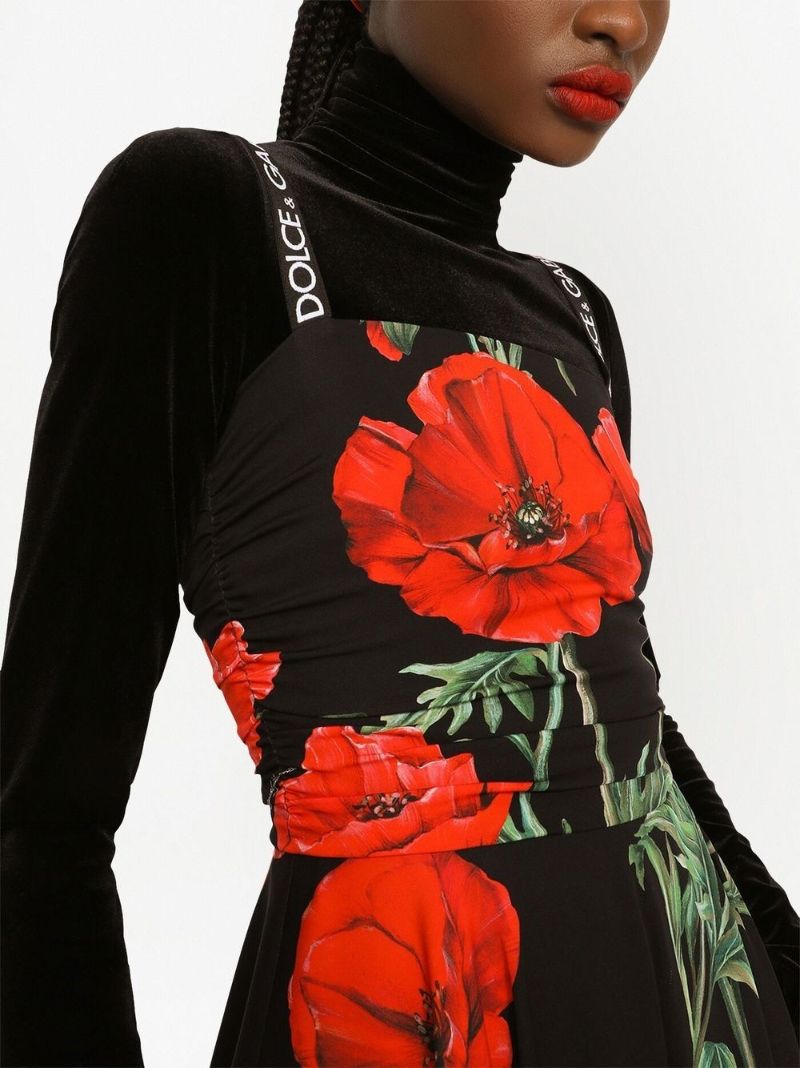 Black Poppy Print Silk Midi Dress