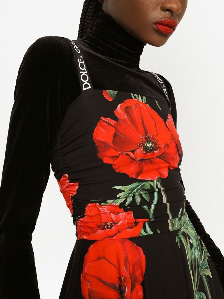 Black Poppy Print Silk Midi Dress