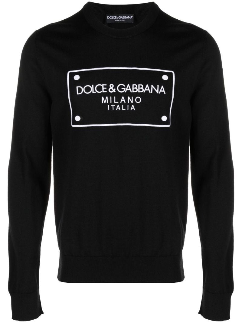 Black Logo Plaque Embroidered Cotton Sweater