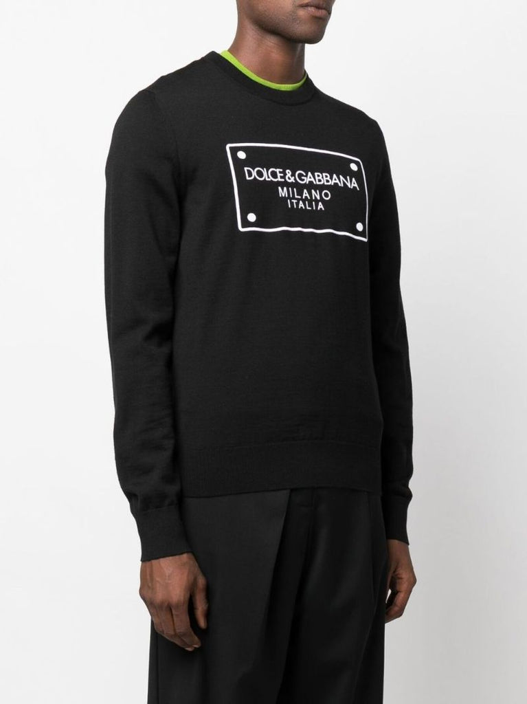Black Logo Plaque Embroidered Cotton Sweater