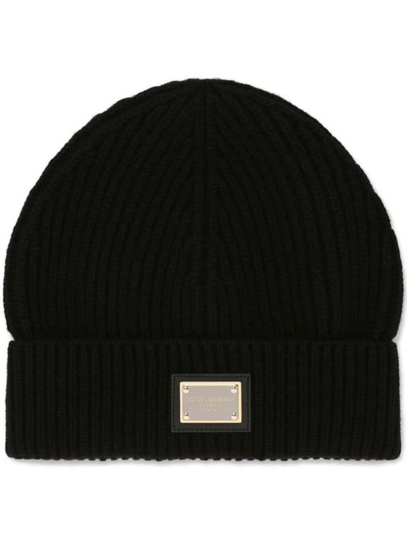 Black Logo Plaque Beanie Hat