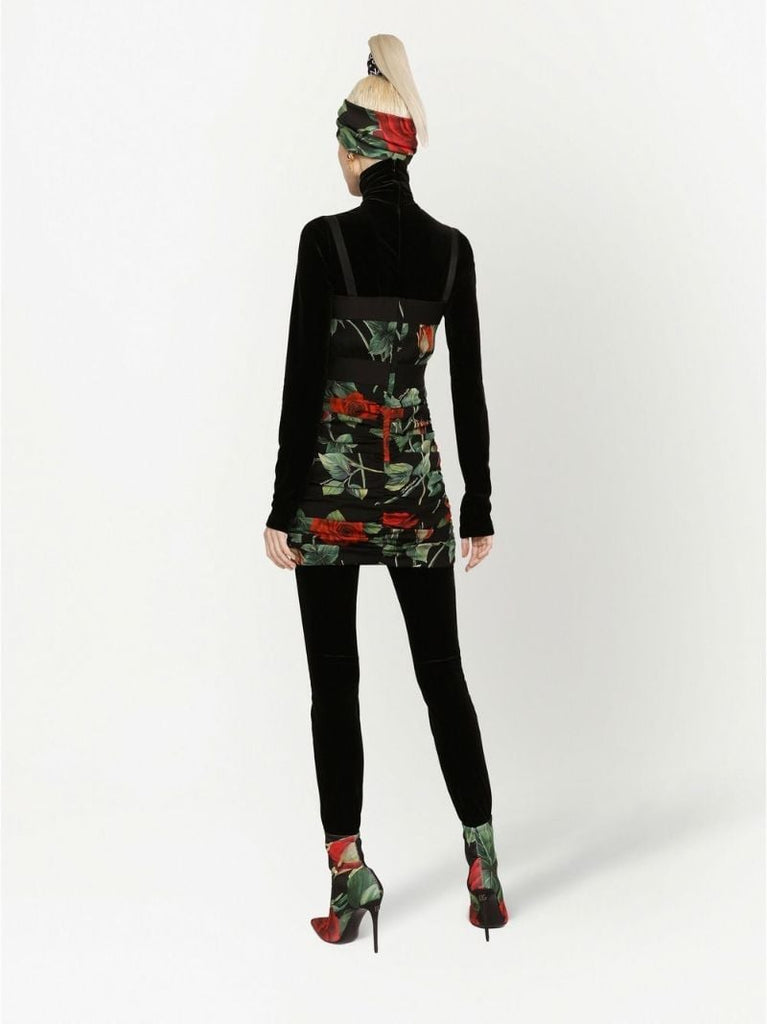 Black Rose Print Silk Mini Dress
