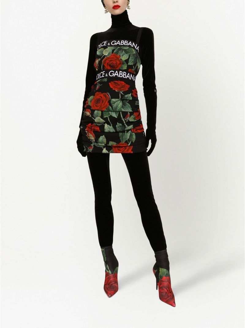 Black Rose Print Silk Mini Dress