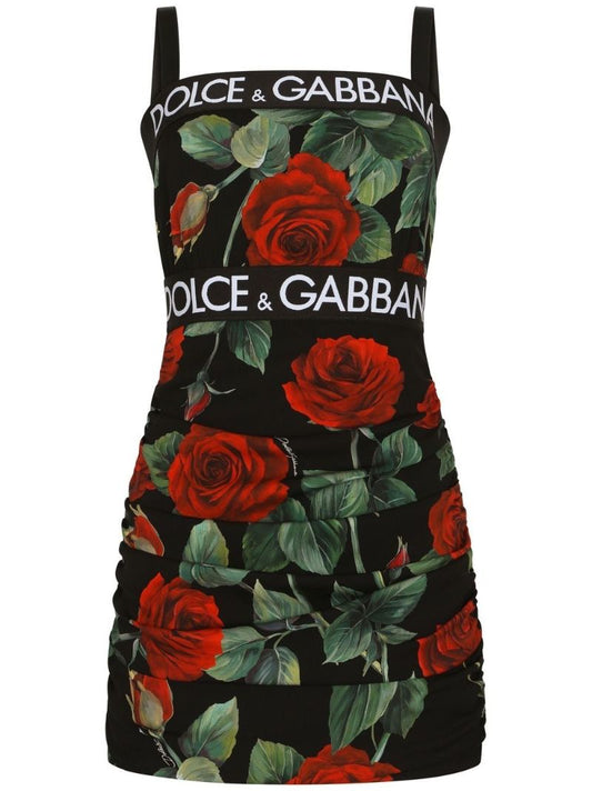 Black Rose Print Silk Mini Dress