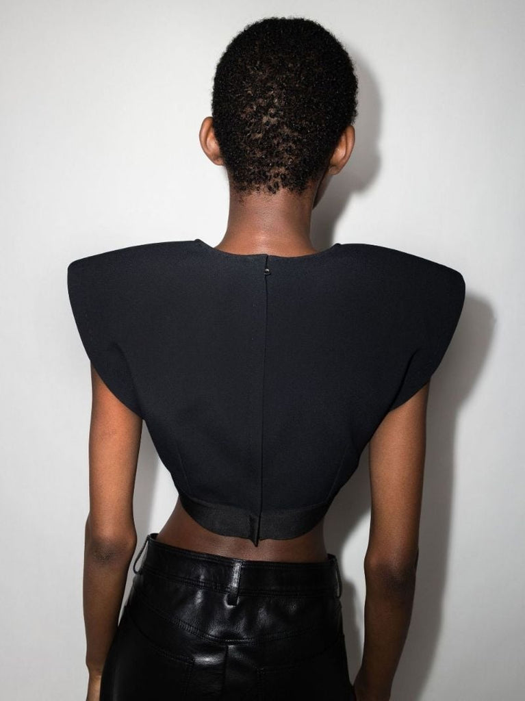 Black Padded Shoulder Crop Top