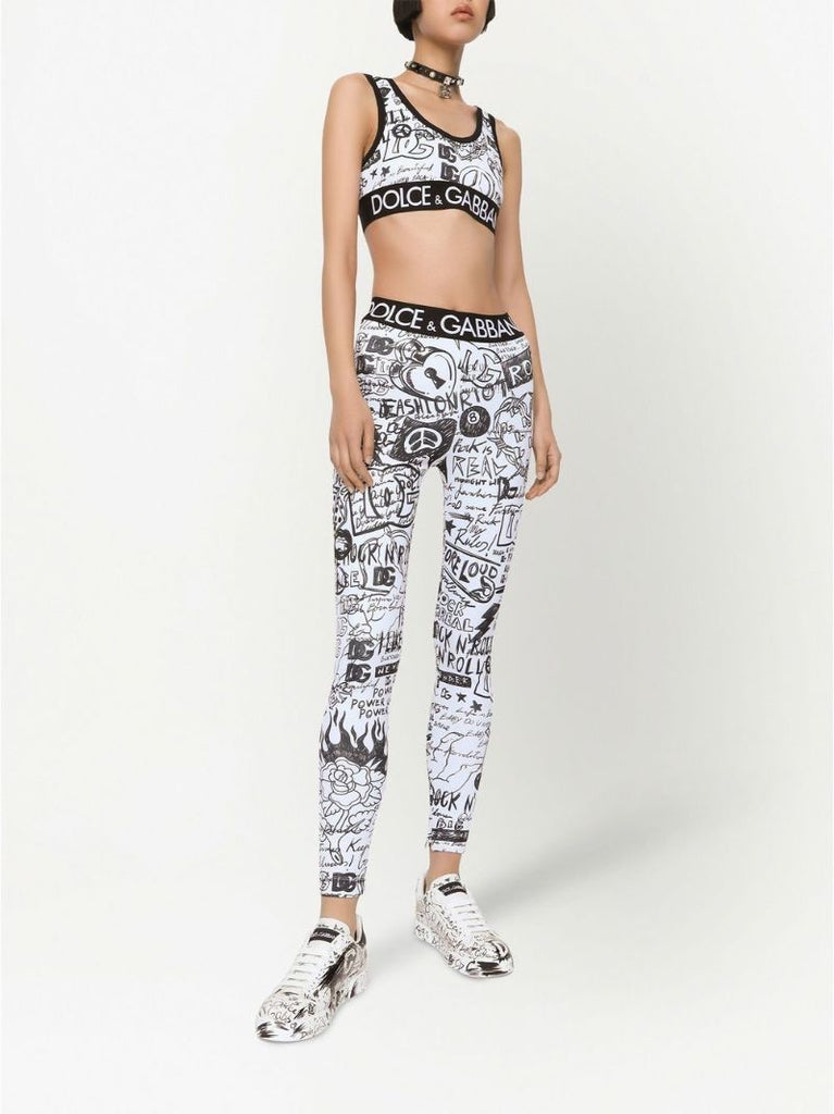 White Dg Logo Graffiti Print Crop Top