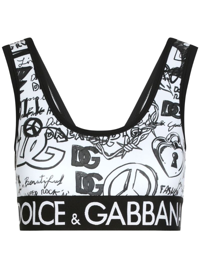 White Dg Logo Graffiti Print Crop Top