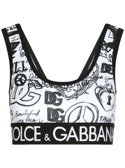White Dg Logo Graffiti Print Crop Top