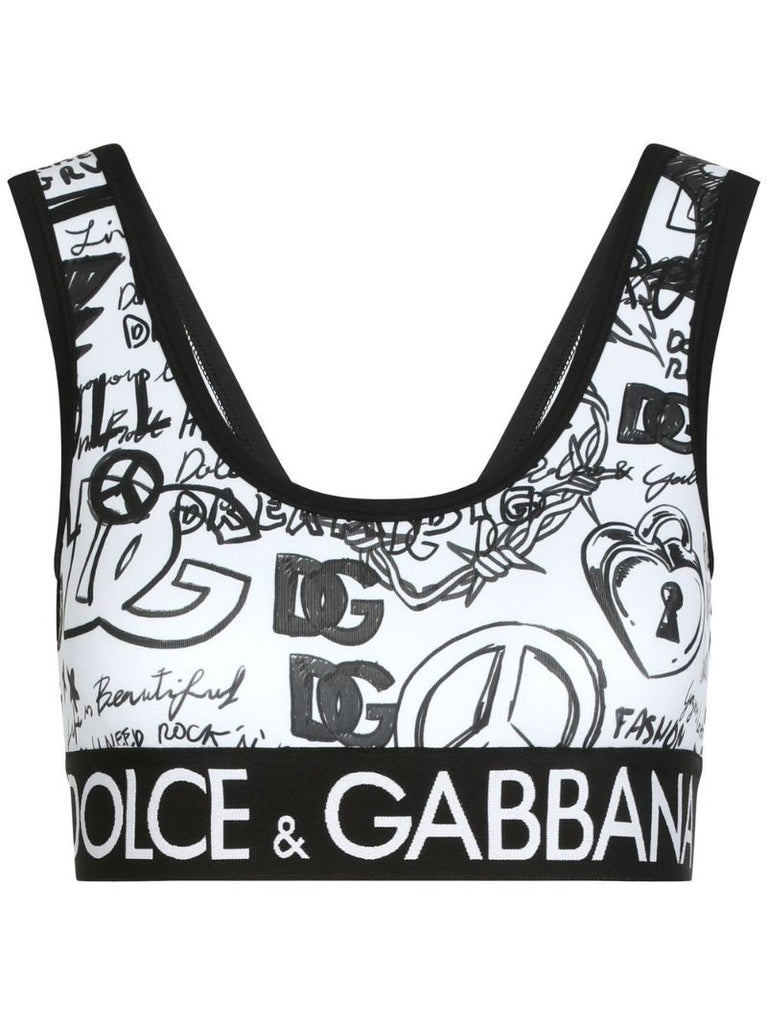 White Dg Logo Graffiti Print Crop Top