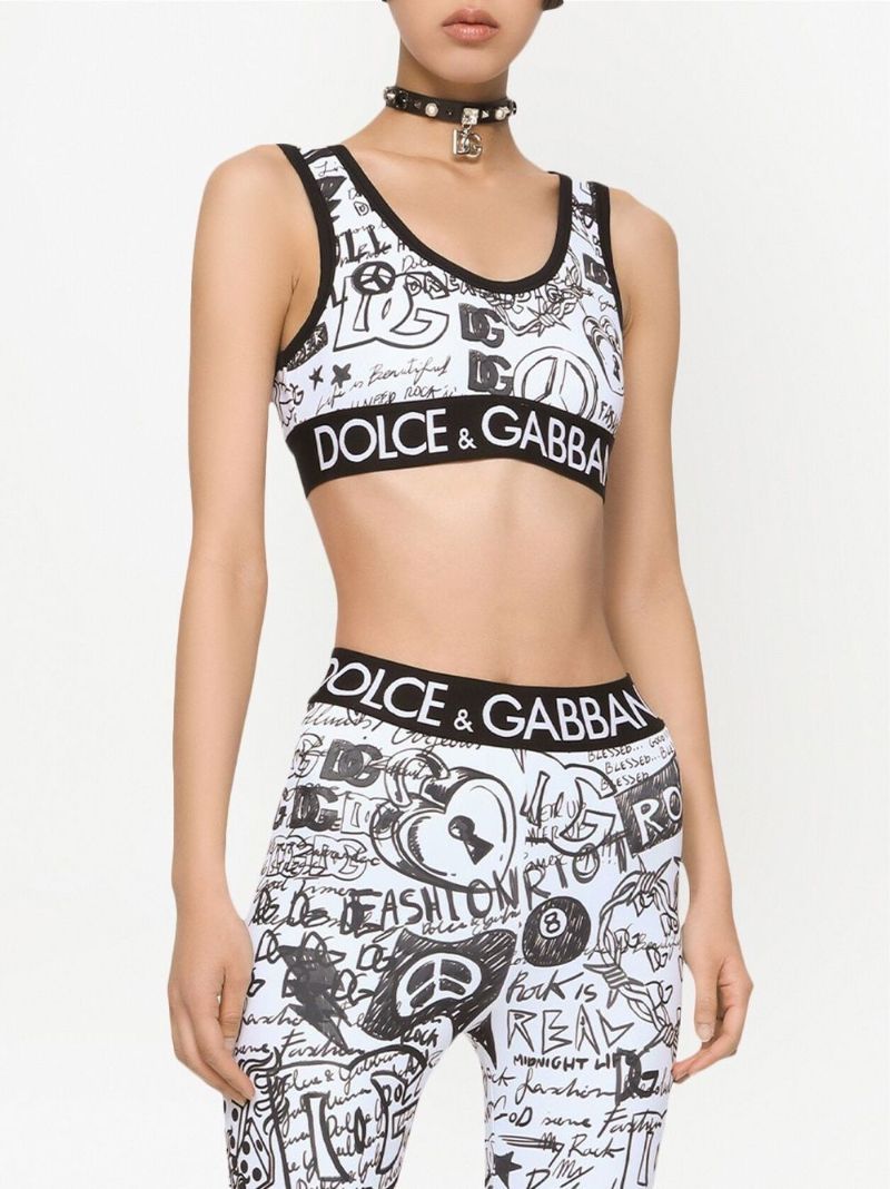 White Dg Logo Graffiti Print Crop Top