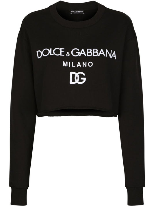 Black Logo Print Cropped Cotton Sweatshirt