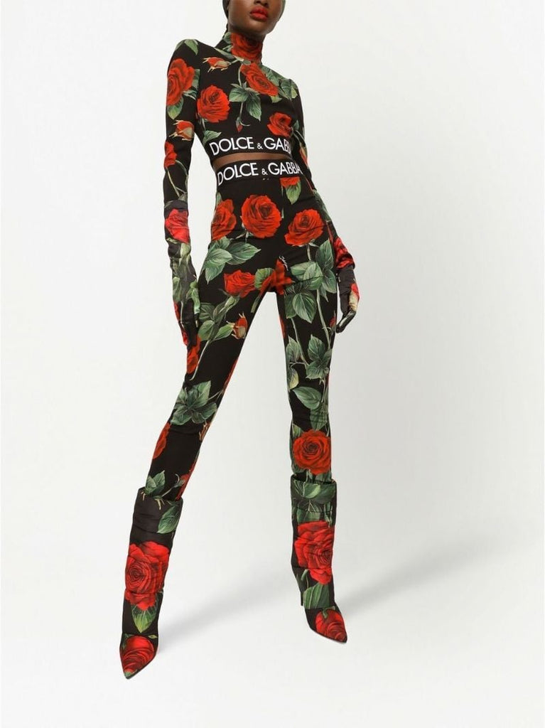 Black Rose Print Charmeuse Leggings