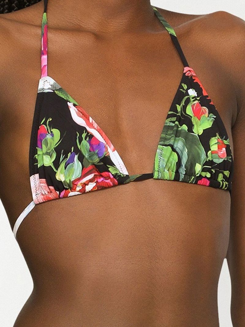 Black Floral Print Triangle Bikini