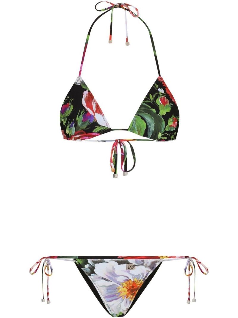 Black Floral Print Triangle Bikini