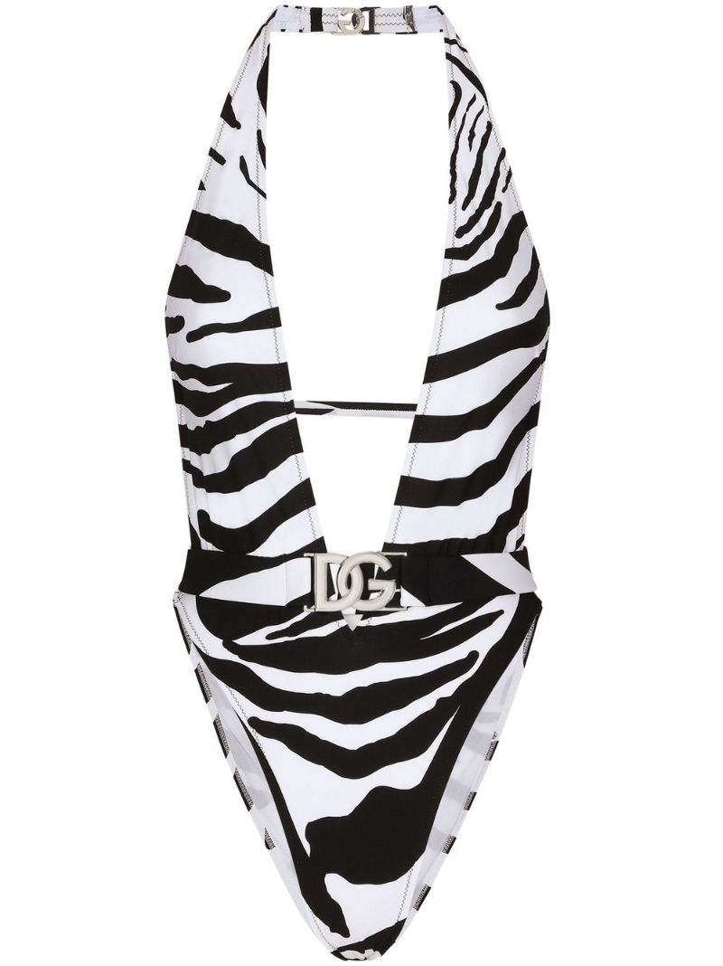 White Zebra Print Halterneck Swimsuit