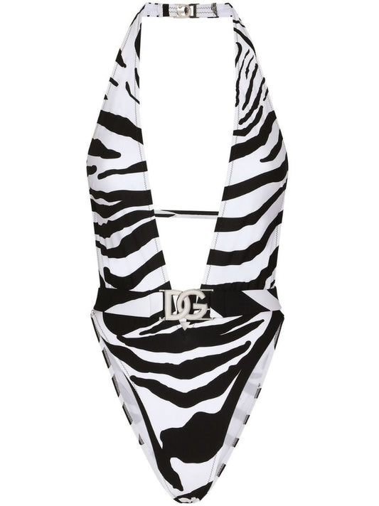White Zebra Print Halterneck Swimsuit
