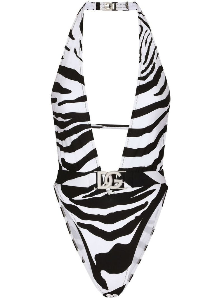 White Zebra Print Halterneck Swimsuit