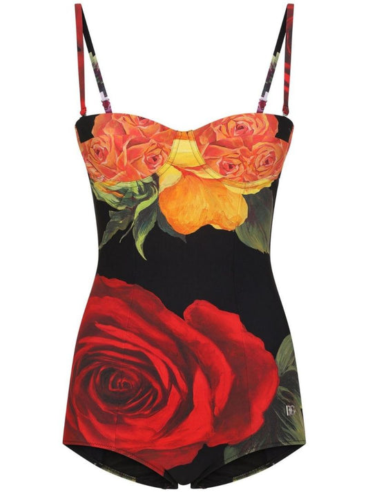 Black Rose Print Balconette Swimsuit