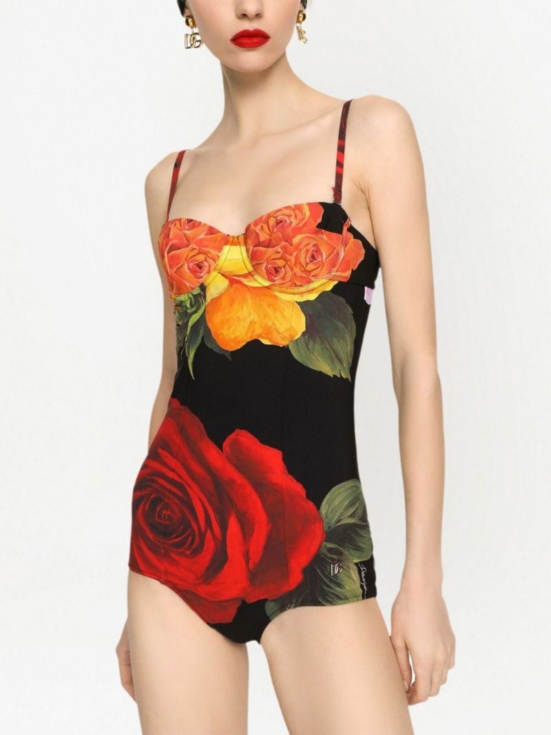 Black Rose Print Balconette Swimsuit