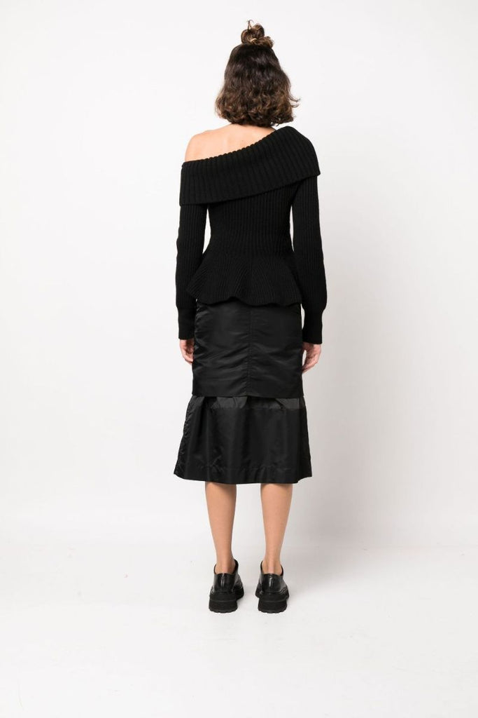 Black One-shoulder Ribbed-knit Wool Sweater