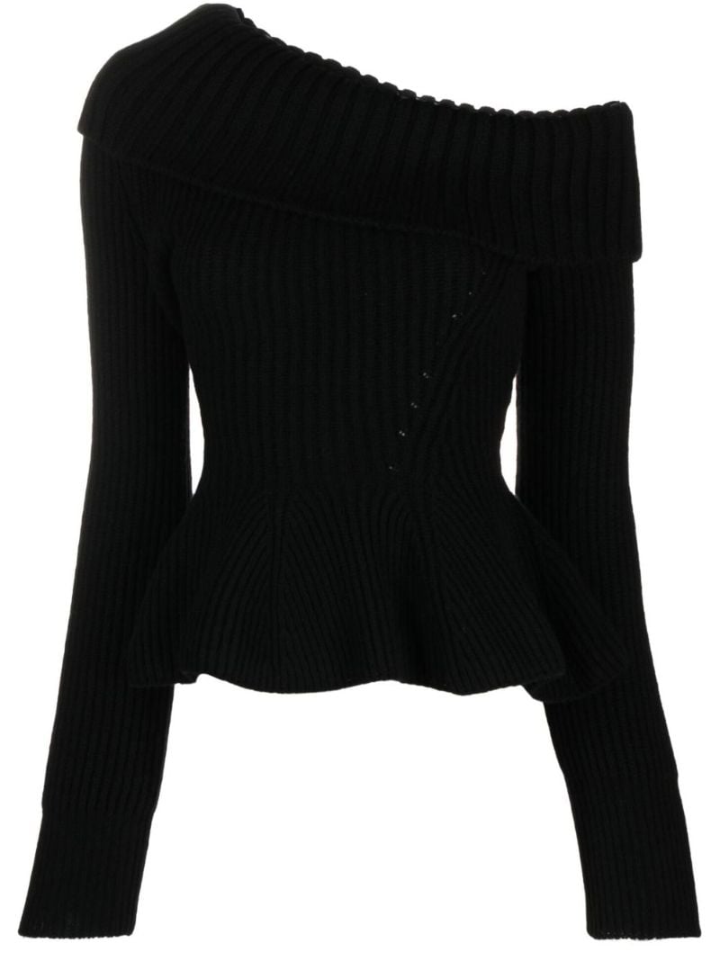 Black One-shoulder Ribbed-knit Wool Sweater