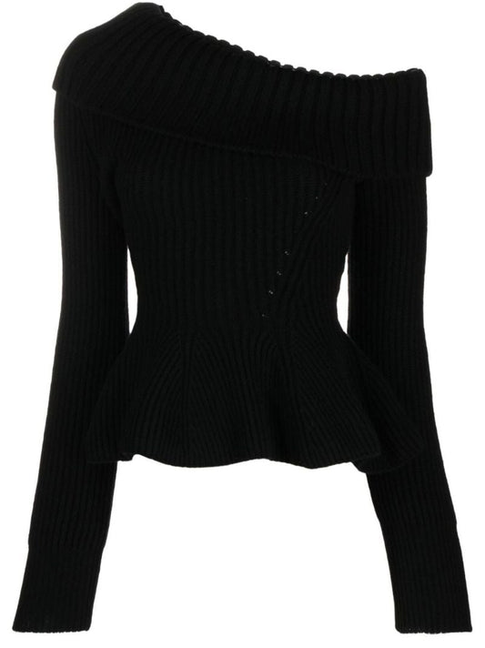 Black One-shoulder Ribbed-knit Wool Sweater