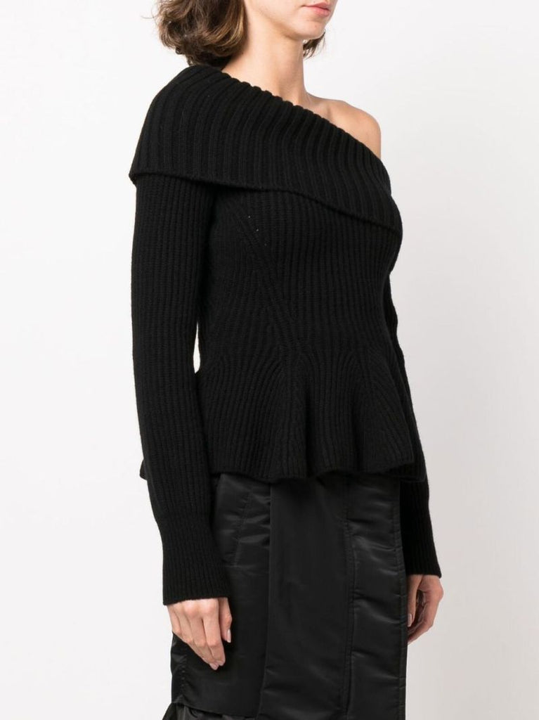Black One-shoulder Ribbed-knit Wool Sweater
