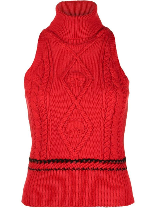 Red Sleeveless Cable-knit Wool Vest