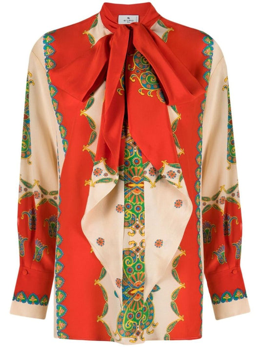 Red Santa Barbara Paisley Print Silk Blouse