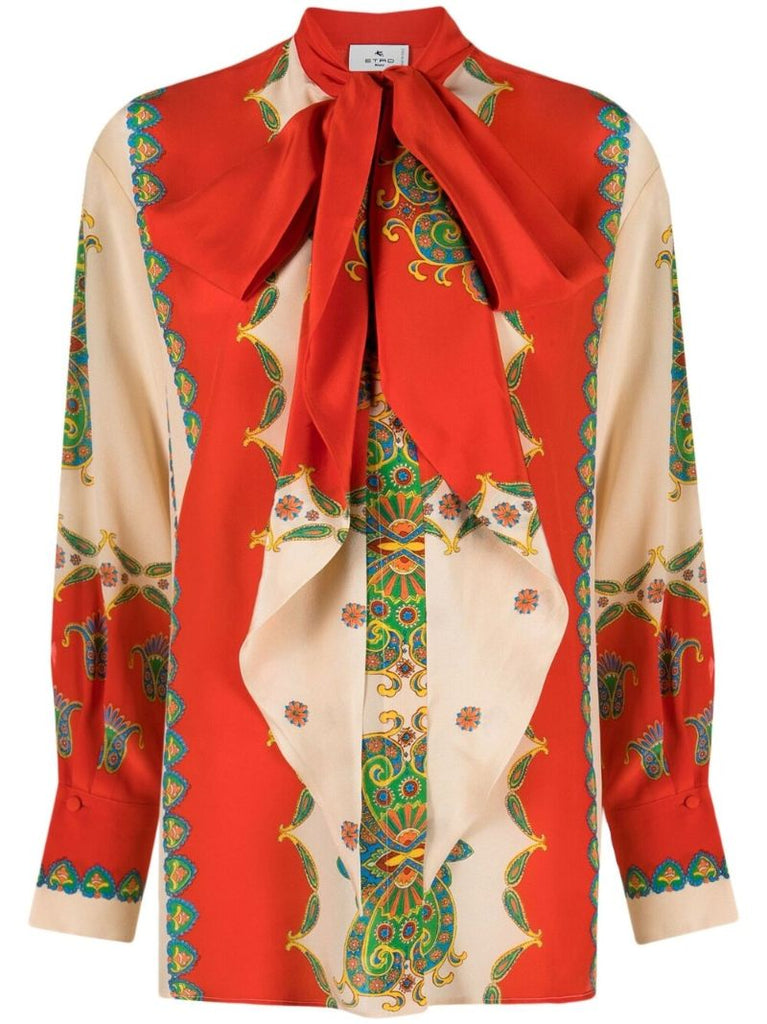 Red Santa Barbara Paisley Print Silk Blouse