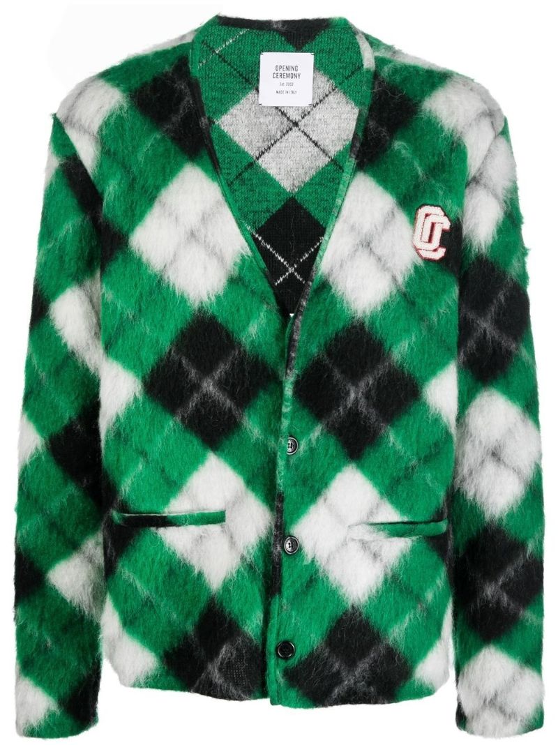 Green Logo Patch Check Cardigan