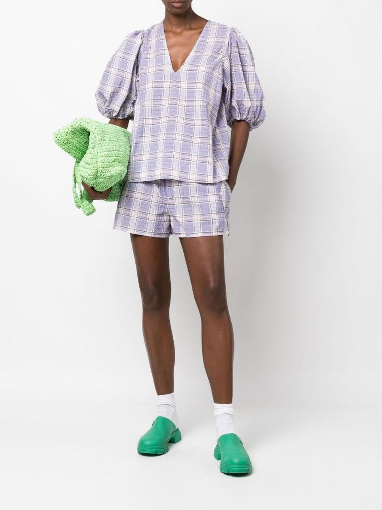 Purple Check Print Seersucker Shorts