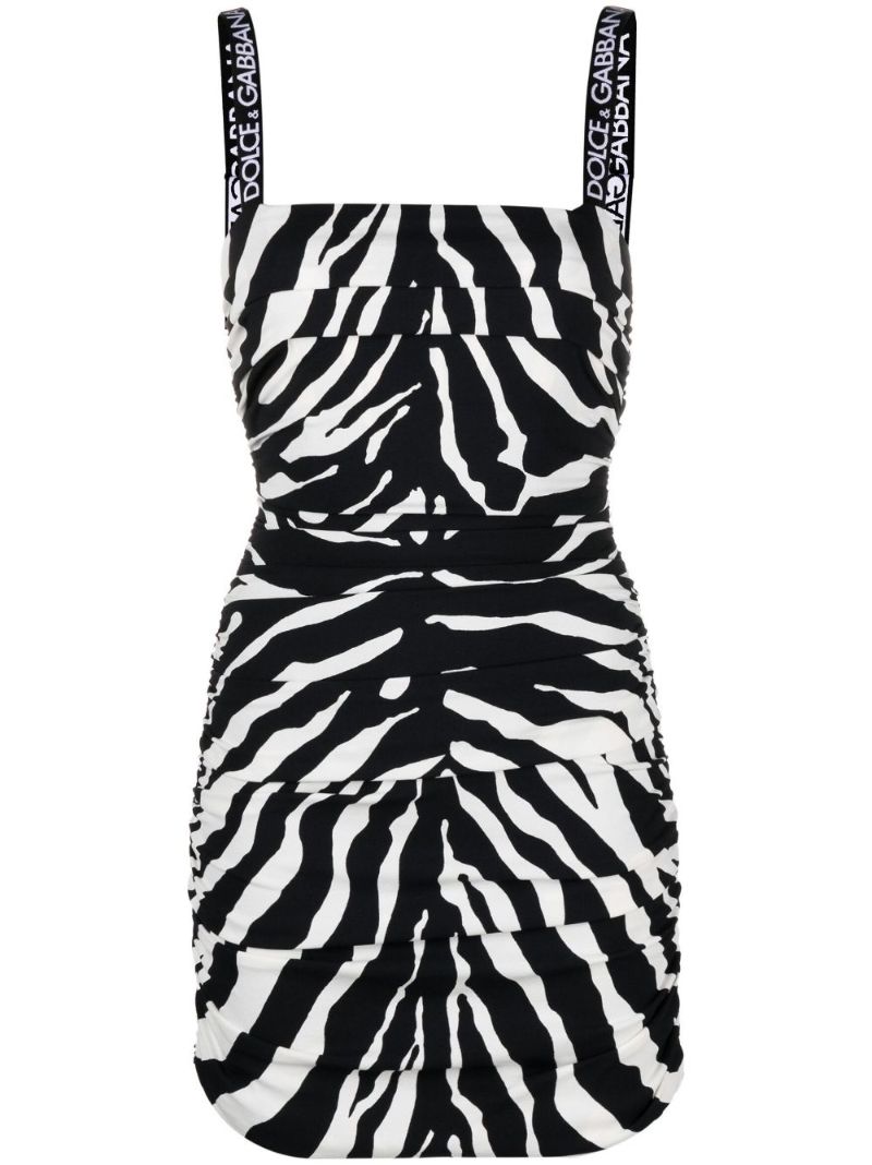 Black Zebra Print Ruched CrÃ_x0083_Âªpe Mini Dress