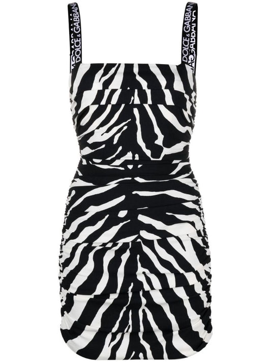 Black Zebra Print Ruched CrÃ_x0083_Âªpe Mini Dress