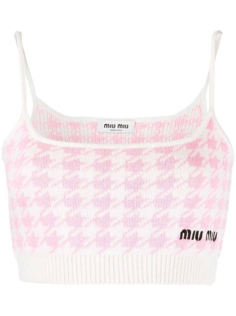 White Houndstooth Knitted Crop Top