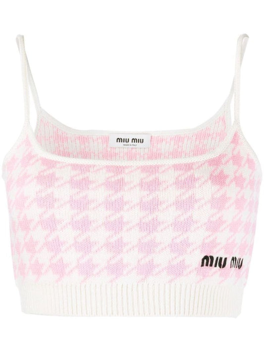 White Houndstooth Knitted Crop Top
