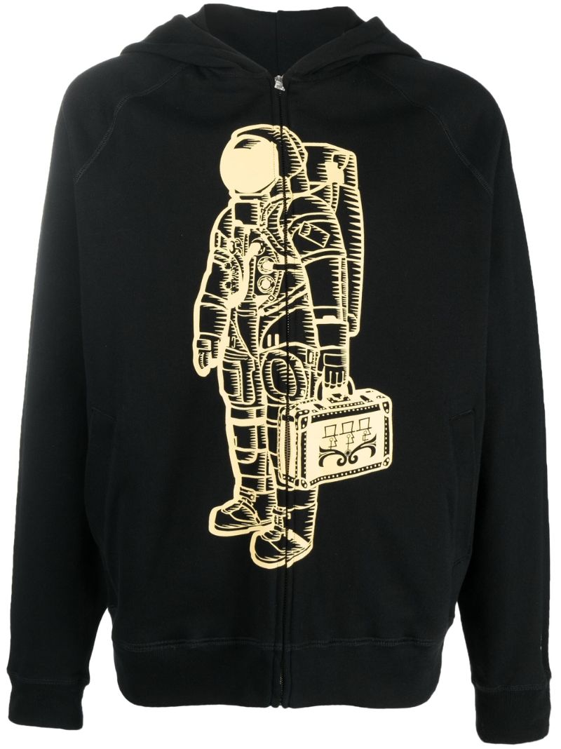 Black Astronaut Printed Zipped Cotton Hoodie