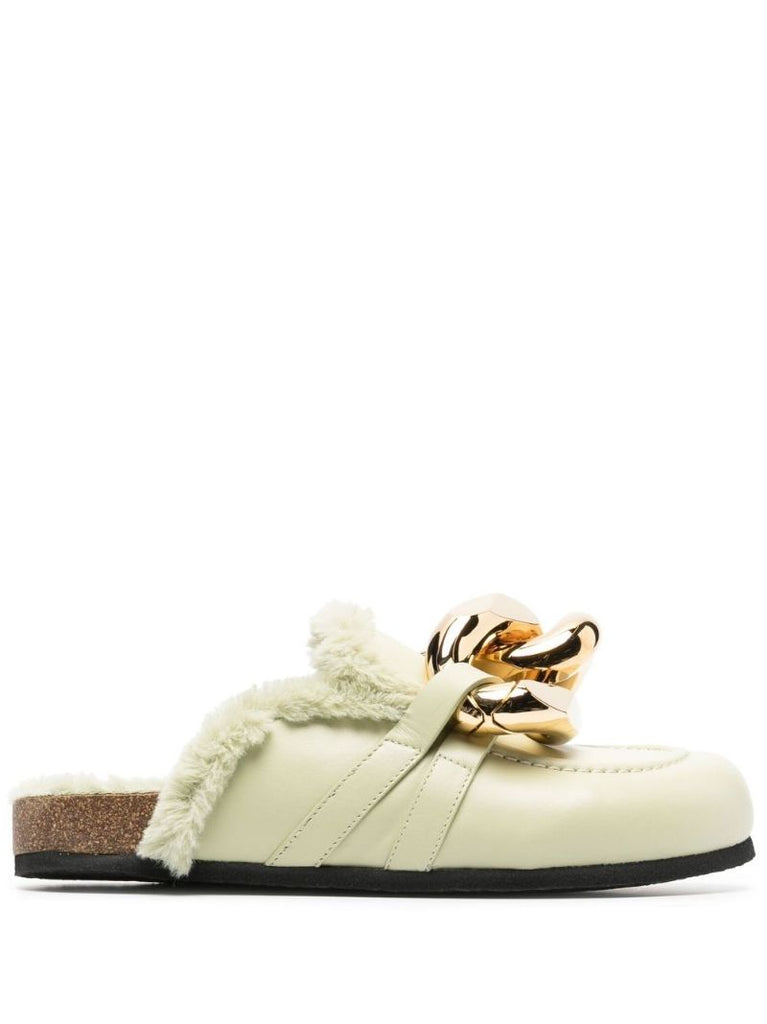 Green Shearling Chain Loafer Mules